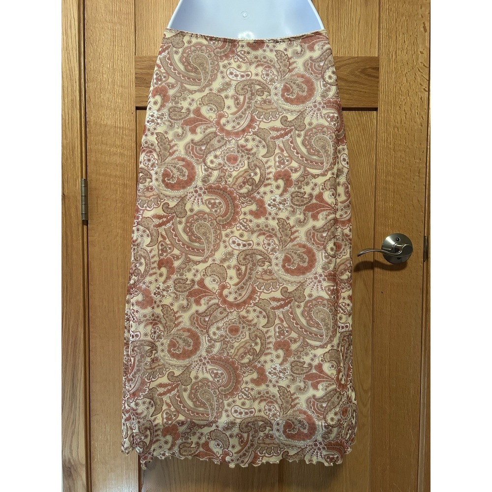 Vintage Y2K 90s Boho Paisley Earth Tone Chiffon Ruffle Maxi Skirt Size Small - Picture 6 of 9